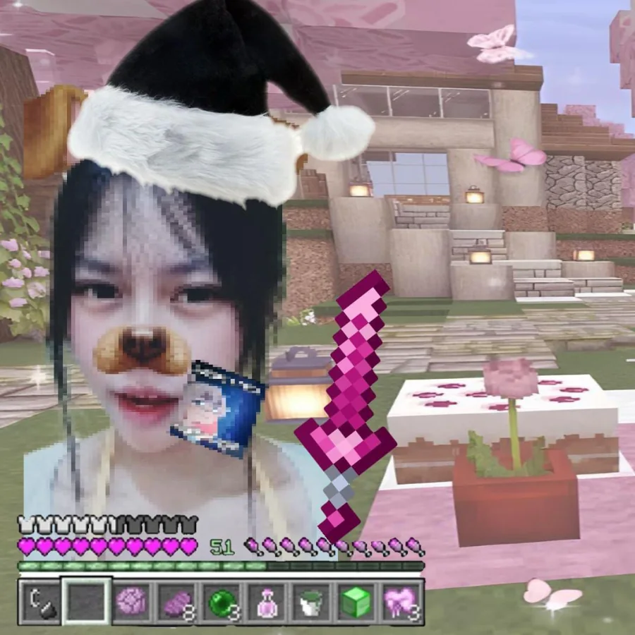 Veraa memakai topi Santa di dunia Minecraft